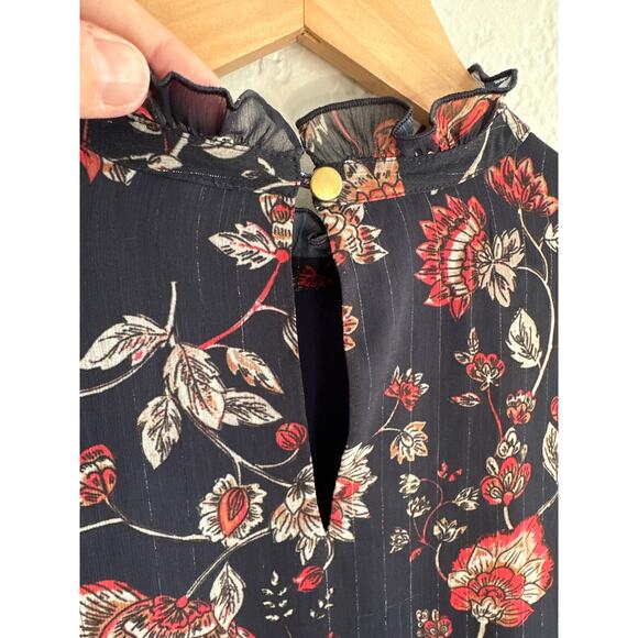 Modest High Neck Floral Bell Sleeve Top Medium Gold Threads Navy Blue Demure - Picture 6 of 7